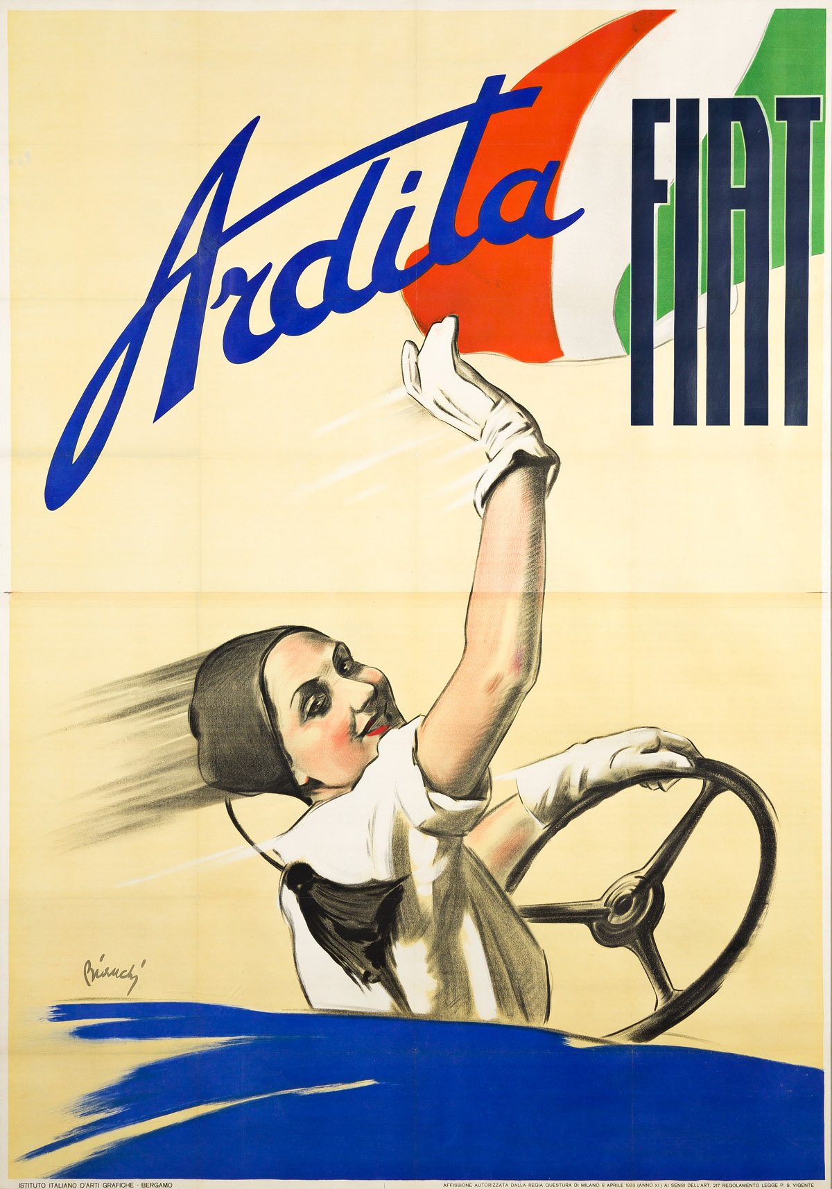 ALBERTO BIANCHI (1882-1969).  ARDITA / FIAT. 1933. 75½x53 inches, 191½x134½ cm. Istituto Italiano DArti Grafiche, Bergamo.